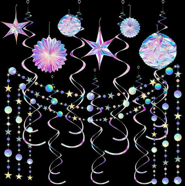 Main image of 29 Pieces Iridescent Holographic Party Supplies Kit with Hanging Honeycomb Ball Decorative Paper Fan Snowflake Garlands White Star Hanging Swirl Decorations for Birthday Wedding Party Home