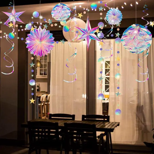 Alt view image 5 of 7 - 29 Pieces Iridescent Holographic Party Supplies Kit with Hanging Honeycomb Ball Decorative Paper Fan Snowflake Garlands White Star Hanging Swirl Decorations for Birthday Wedding Party Home