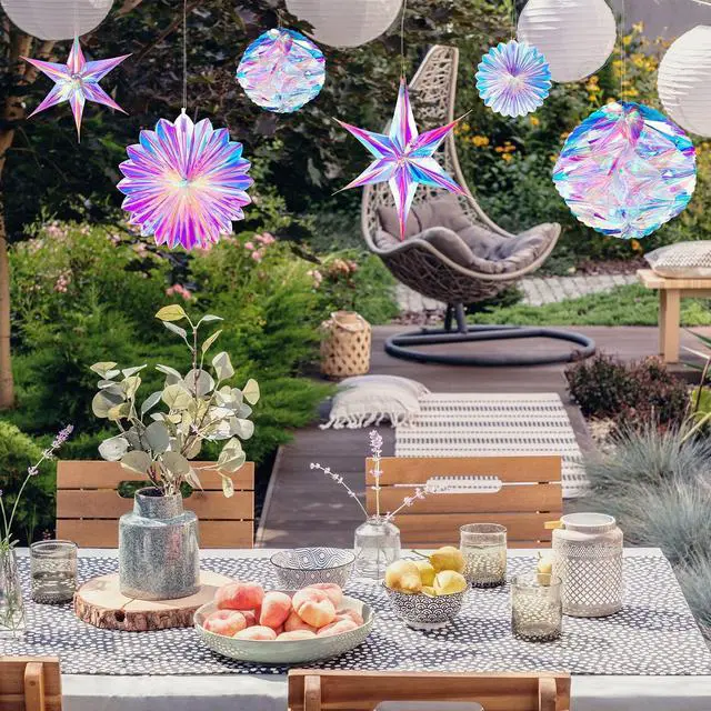 Alt view image 4 of 7 - 29 Pieces Iridescent Holographic Party Supplies Kit with Hanging Honeycomb Ball Decorative Paper Fan Snowflake Garlands White Star Hanging Swirl Decorations for Birthday Wedding Party Home