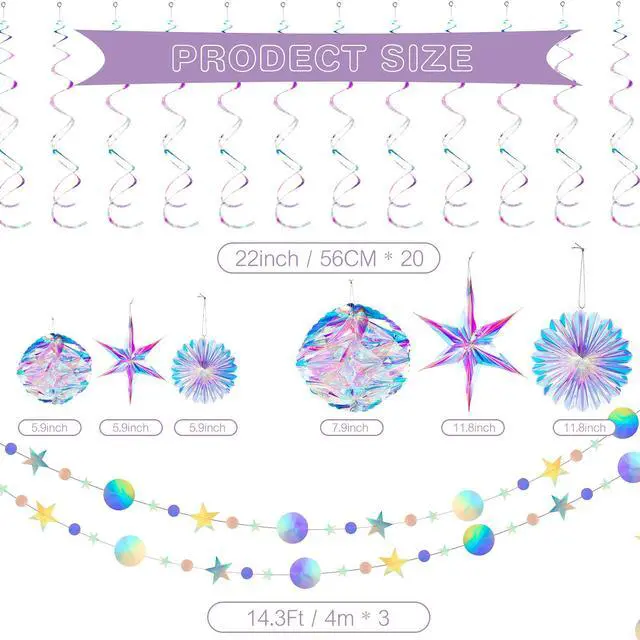 Alt view image 2 of 7 - 29 Pieces Iridescent Holographic Party Supplies Kit with Hanging Honeycomb Ball Decorative Paper Fan Snowflake Garlands White Star Hanging Swirl Decorations for Birthday Wedding Party Home