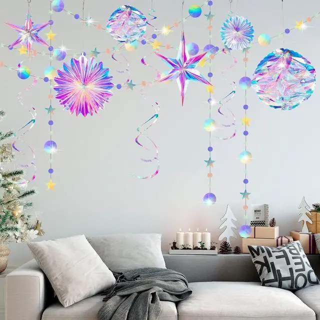 Alt view image 6 of 7 - 29 Pieces Iridescent Holographic Party Supplies Kit with Hanging Honeycomb Ball Decorative Paper Fan Snowflake Garlands White Star Hanging Swirl Decorations for Birthday Wedding Party Home