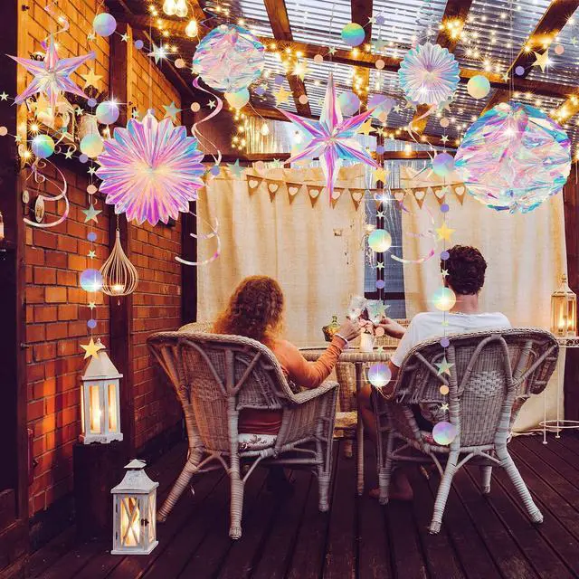 Alt view image 7 of 7 - 29 Pieces Iridescent Holographic Party Supplies Kit with Hanging Honeycomb Ball Decorative Paper Fan Snowflake Garlands White Star Hanging Swirl Decorations for Birthday Wedding Party Home