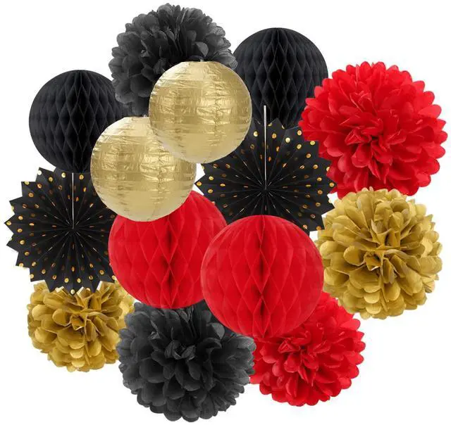 Main image of Red-Black Gold Party Decorations Streamers Lanterns - 14pcs Casino-Theme Graduation 2026 Paper Fan,Game Night Wedding Birthday Baby Bridal Shower Tissue Pom Poms,Honeycomb Balls Decor Ouruola