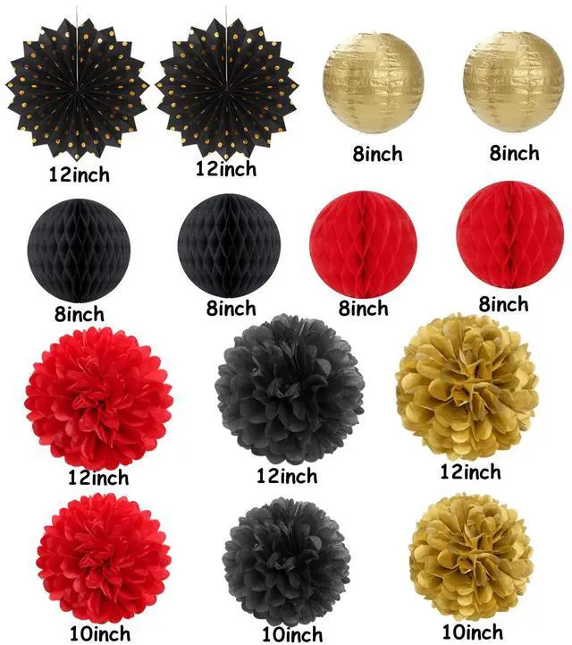 Alt view image 3 of 6 - Red-Black Gold Party Decorations Streamers Lanterns - 14pcs Casino-Theme Graduation 2026 Paper Fan,Game Night Wedding Birthday Baby Bridal Shower Tissue Pom Poms,Honeycomb Balls Decor Ouruola
