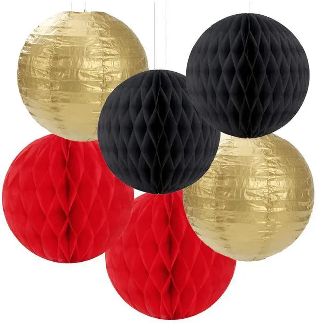 Alt view image 5 of 6 - Red-Black Gold Party Decorations Streamers Lanterns - 14pcs Casino-Theme Graduation 2026 Paper Fan,Game Night Wedding Birthday Baby Bridal Shower Tissue Pom Poms,Honeycomb Balls Decor Ouruola