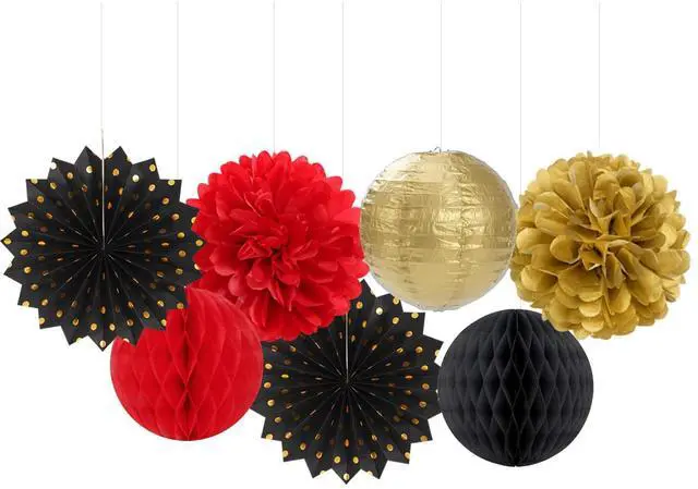 Alt view image 4 of 6 - Red-Black Gold Party Decorations Streamers Lanterns - 14pcs Casino-Theme Graduation 2026 Paper Fan,Game Night Wedding Birthday Baby Bridal Shower Tissue Pom Poms,Honeycomb Balls Decor Ouruola