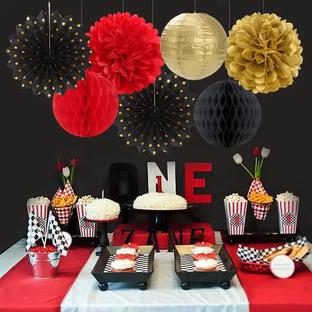 Alt view image 2 of 6 - Red-Black Gold Party Decorations Streamers Lanterns - 14pcs Casino-Theme Graduation 2026 Paper Fan,Game Night Wedding Birthday Baby Bridal Shower Tissue Pom Poms,Honeycomb Balls Decor Ouruola