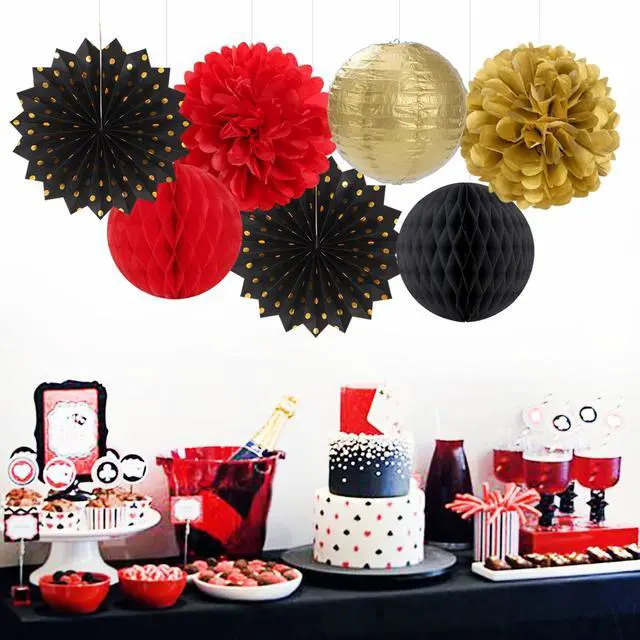 Alt view image 6 of 6 - Red-Black Gold Party Decorations Streamers Lanterns - 14pcs Casino-Theme Graduation 2026 Paper Fan,Game Night Wedding Birthday Baby Bridal Shower Tissue Pom Poms,Honeycomb Balls Decor Ouruola