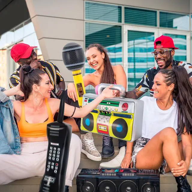 Alt view image 5 of 7 - Inflatable Phone,Inflatable Radio Boombox Microphone,80s 90s Party Decorations,Hip Hop Music Themed Party Decorations,Rappers B-Boys Costume Accessory for Disco Retro Theme Party Decorations