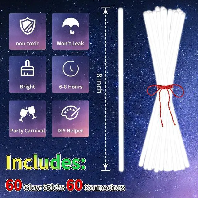 Alt view image 2 of 6 - 60 Pack 8 White Glow Sticks Bulk with 60 Connectors Neon Glow In The Dark Party favors Supplies for Holiday Birthday Party Decoration (White)