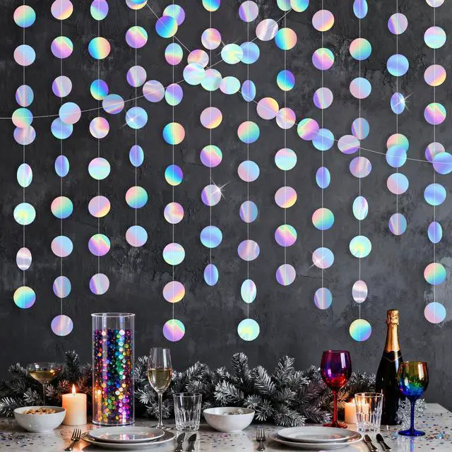 Main image of Iridescent Party Decorations Holographic Circle Garlands Disco Streamer Banner Backdrop Party Garlands for 4 Pcs 52 Ft in Total