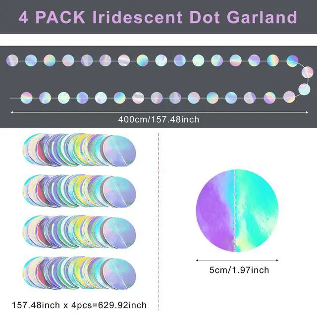 Alt view image 2 of 5 - Iridescent Party Decorations Holographic Circle Garlands Disco Streamer Banner Backdrop Party Garlands for 4 Pcs 52 Ft in Total