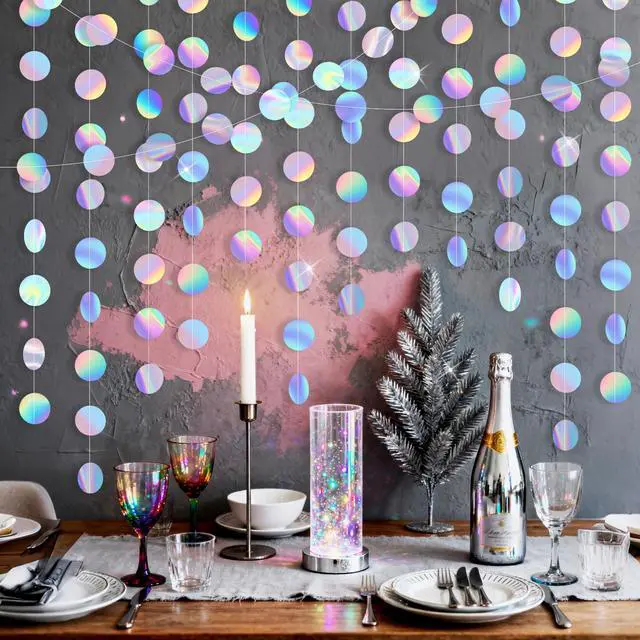 Alt view image 4 of 5 - Iridescent Party Decorations Holographic Circle Garlands Disco Streamer Banner Backdrop Party Garlands for 4 Pcs 52 Ft in Total