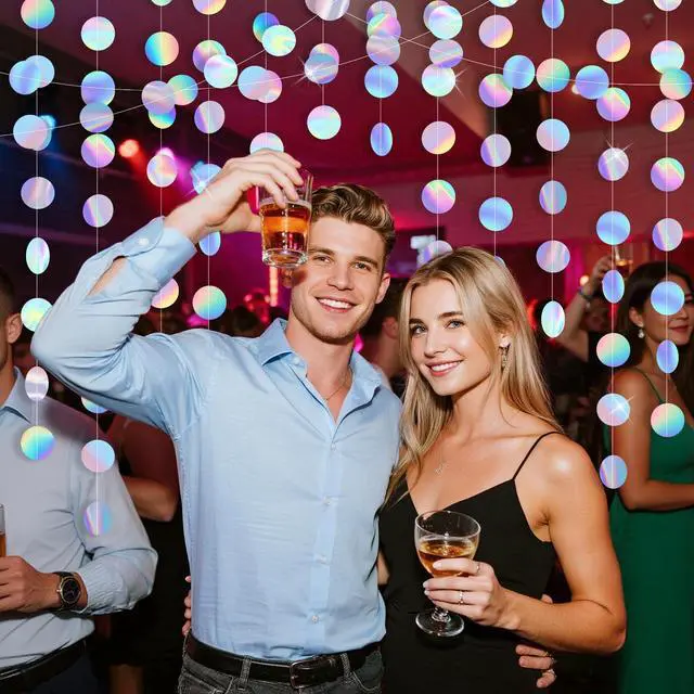 Alt view image 5 of 5 - Iridescent Party Decorations Holographic Circle Garlands Disco Streamer Banner Backdrop Party Garlands for 4 Pcs 52 Ft in Total