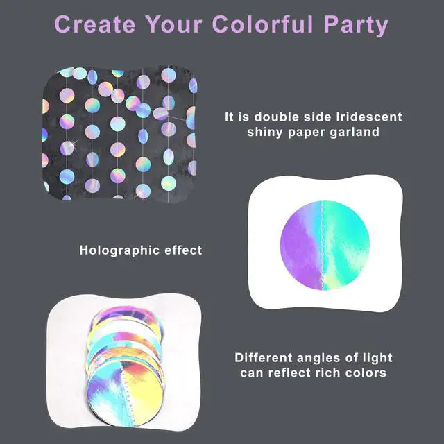 Alt view image 3 of 5 - Iridescent Party Decorations Holographic Circle Garlands Disco Streamer Banner Backdrop Party Garlands for 4 Pcs 52 Ft in Total