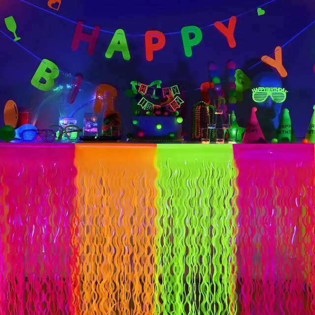 Alt view image 2 of 7 - Glow in The Dark Party Supplies, Neon Wavy Table Skirts, 2 Pack