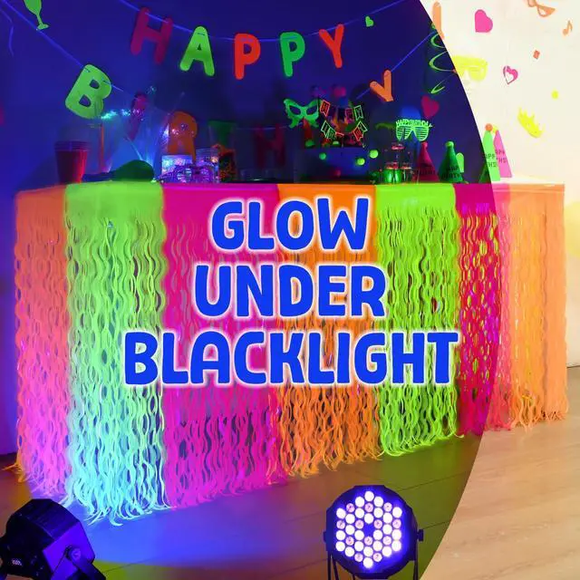 Alt view image 3 of 7 - Glow in The Dark Party Supplies, Neon Wavy Table Skirts, 2 Pack