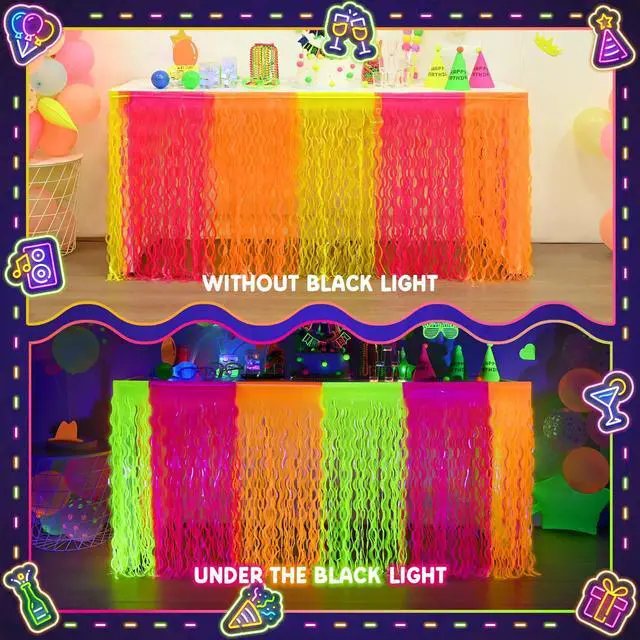 Alt view image 5 of 7 - Glow in The Dark Party Supplies, Neon Wavy Table Skirts, 2 Pack