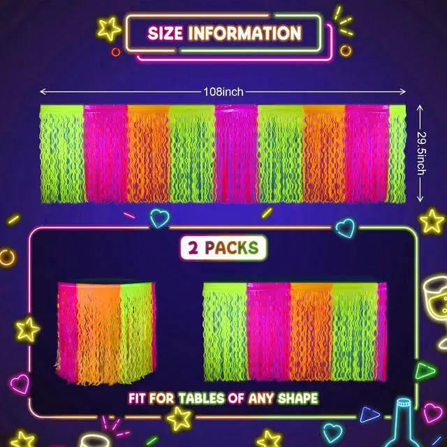 Alt view image 6 of 7 - Glow in The Dark Party Supplies, Neon Wavy Table Skirts, 2 Pack