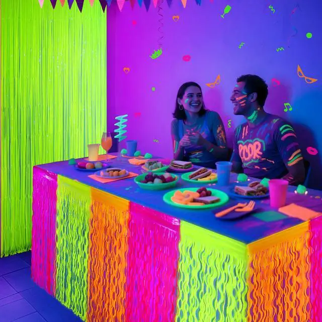 Alt view image 7 of 7 - Glow in The Dark Party Supplies, Neon Wavy Table Skirts, 2 Pack