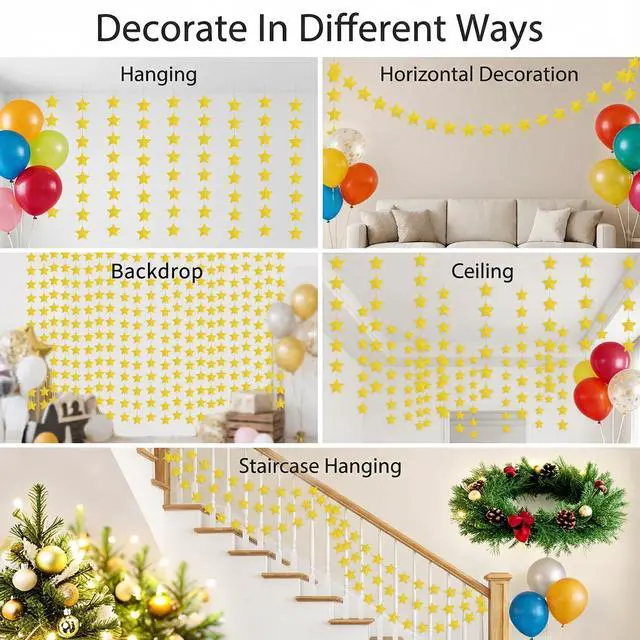 Alt view image 4 of 7 - Glitter Gold Iridescent-Star-Garland 90FT 240 Pcs Sparkling Star Streamers Hanging Glitter Star Banner Backdrop for Birthday, Baby Shower, Wedding, Christmas Party Decorations (6 Packs)