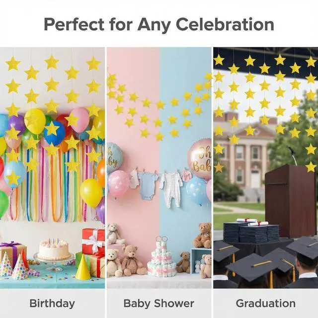 Alt view image 3 of 7 - Glitter Gold Iridescent-Star-Garland 90FT 240 Pcs Sparkling Star Streamers Hanging Glitter Star Banner Backdrop for Birthday, Baby Shower, Wedding, Christmas Party Decorations (6 Packs)