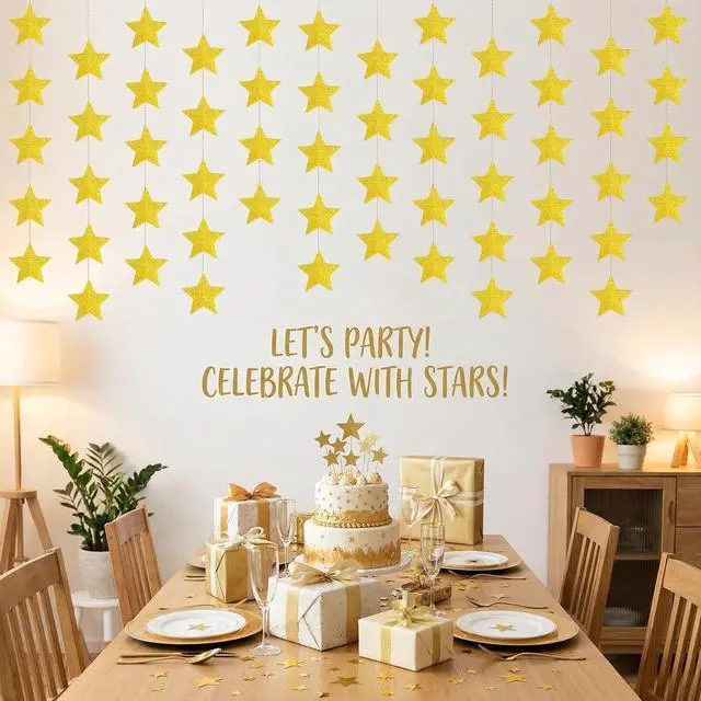 Alt view image 7 of 7 - Glitter Gold Iridescent-Star-Garland 90FT 240 Pcs Sparkling Star Streamers Hanging Glitter Star Banner Backdrop for Birthday, Baby Shower, Wedding, Christmas Party Decorations (6 Packs)