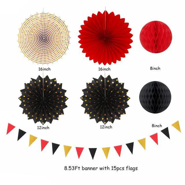 Alt view image 2 of 7 - Red-Black Gold Casino Theme Party-Decorations - 20pcs Game Night Paper Lanterns Fans,Tissue Pom Poms,Honeycomb Balls,Bunting,Birthday Graduation Wedding Bridal Baby Shower Decor Burgleda