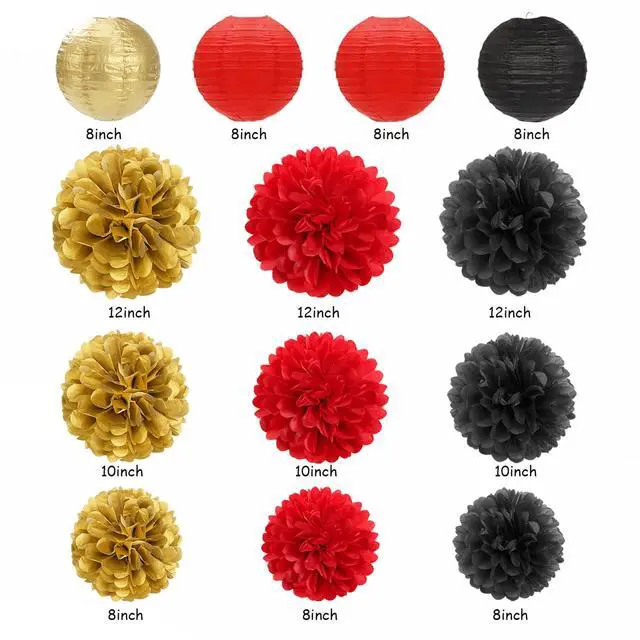 Alt view image 3 of 7 - Red-Black Gold Casino Theme Party-Decorations - 20pcs Game Night Paper Lanterns Fans,Tissue Pom Poms,Honeycomb Balls,Bunting,Birthday Graduation Wedding Bridal Baby Shower Decor Burgleda