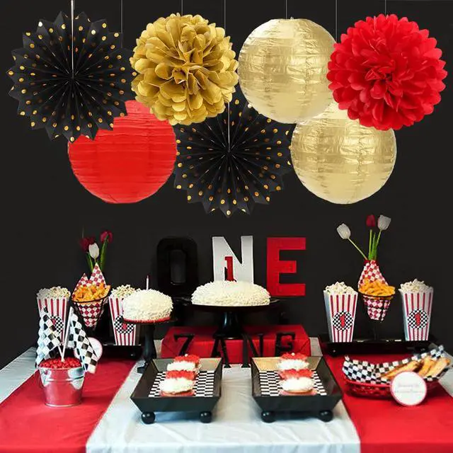 Alt view image 6 of 7 - Red-Black Gold Casino Theme Party-Decorations - 20pcs Game Night Paper Lanterns Fans,Tissue Pom Poms,Honeycomb Balls,Bunting,Birthday Graduation Wedding Bridal Baby Shower Decor Burgleda