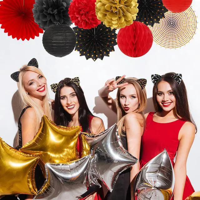 Alt view image 7 of 7 - Red-Black Gold Casino Theme Party-Decorations - 20pcs Game Night Paper Lanterns Fans,Tissue Pom Poms,Honeycomb Balls,Bunting,Birthday Graduation Wedding Bridal Baby Shower Decor Burgleda
