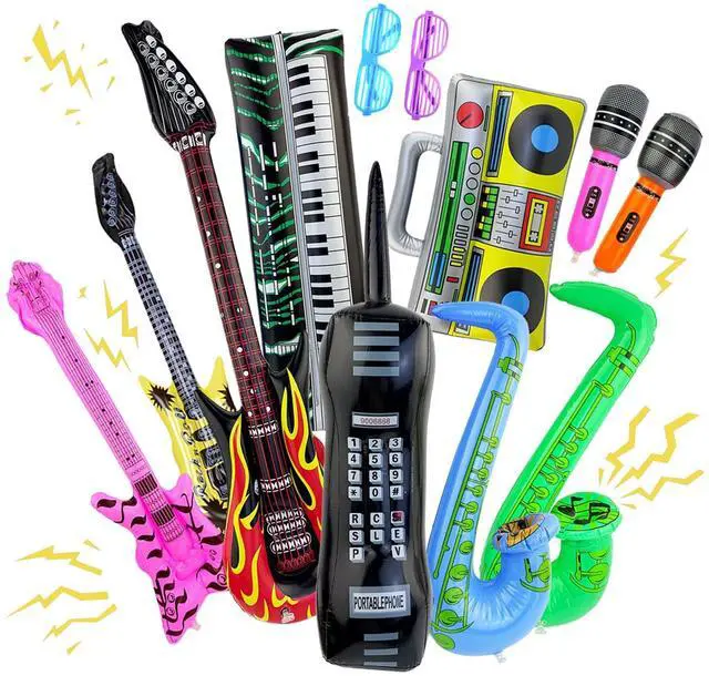 Main image of 12 Pieces Inflatable Instruments Party Props Set Photo Booth Props Inflatable Guitar Bass Saxophone Piano Microphone Glasses Stereo Big Phone Rock Star Toys Vintage Period Party Decorations