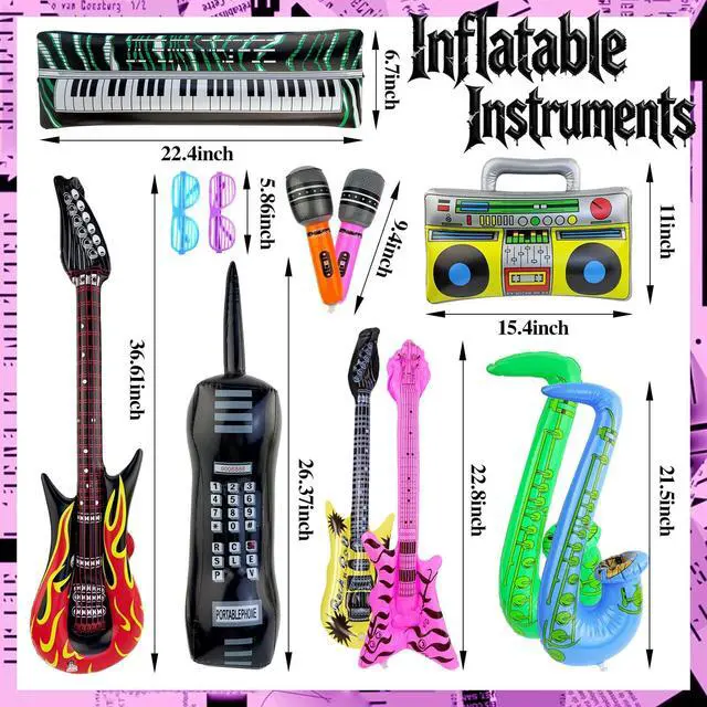 Alt view image 2 of 6 - 12 Pieces Inflatable Instruments Party Props Set Photo Booth Props Inflatable Guitar Bass Saxophone Piano Microphone Glasses Stereo Big Phone Rock Star Toys Vintage Period Party Decorations