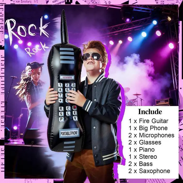 Alt view image 3 of 6 - 12 Pieces Inflatable Instruments Party Props Set Photo Booth Props Inflatable Guitar Bass Saxophone Piano Microphone Glasses Stereo Big Phone Rock Star Toys Vintage Period Party Decorations