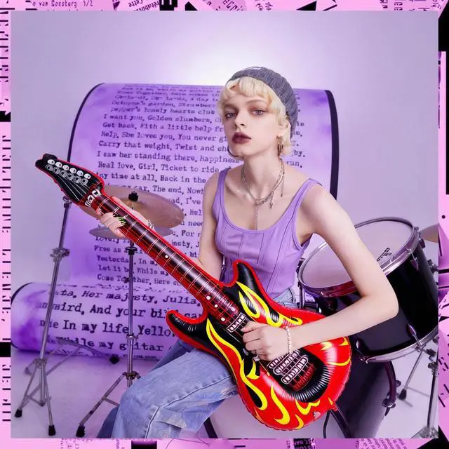 Alt view image 5 of 6 - 12 Pieces Inflatable Instruments Party Props Set Photo Booth Props Inflatable Guitar Bass Saxophone Piano Microphone Glasses Stereo Big Phone Rock Star Toys Vintage Period Party Decorations