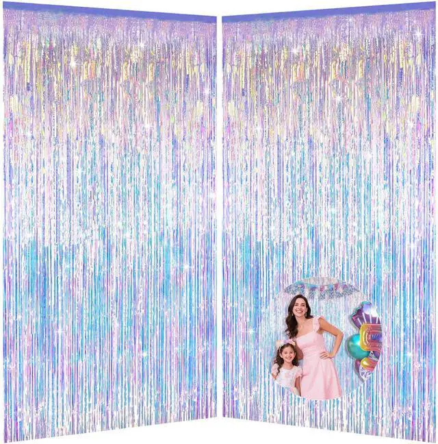 Main image of Iridescent Party Decorations Fringe Backdrop, Sparkling Holographic Foil Fringe Tinsel Curtains for Frozen Mermaid Birthday Party Decor - 3.28x6.56ft 2 Packs