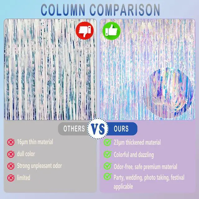 Alt view image 3 of 7 - Iridescent Party Decorations Fringe Backdrop, Sparkling Holographic Foil Fringe Tinsel Curtains for Frozen Mermaid Birthday Party Decor - 3.28x6.56ft 2 Packs