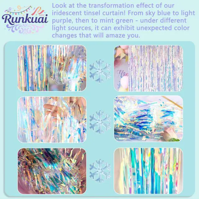 Alt view image 6 of 7 - Iridescent Party Decorations Fringe Backdrop, Sparkling Holographic Foil Fringe Tinsel Curtains for Frozen Mermaid Birthday Party Decor - 3.28x6.56ft 2 Packs