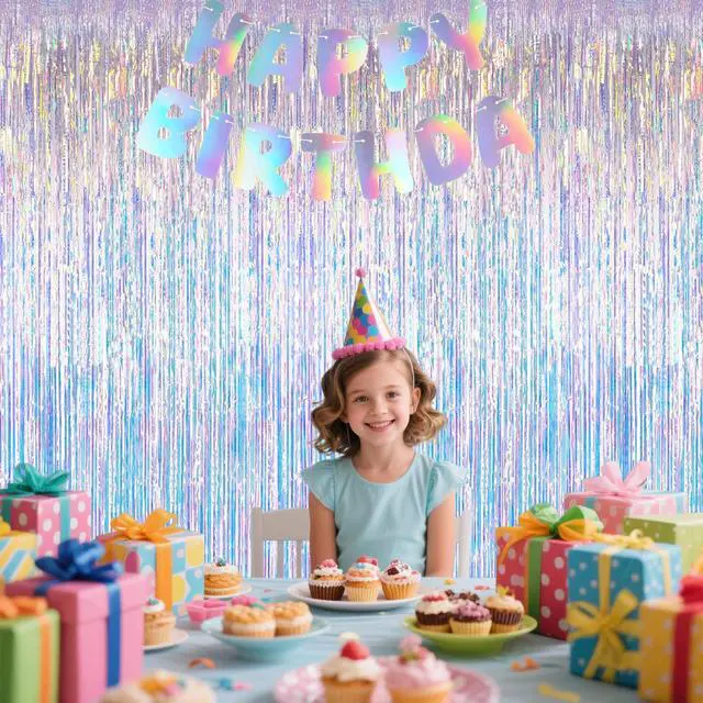 Alt view image 7 of 7 - Iridescent Party Decorations Fringe Backdrop, Sparkling Holographic Foil Fringe Tinsel Curtains for Frozen Mermaid Birthday Party Decor - 3.28x6.56ft 2 Packs