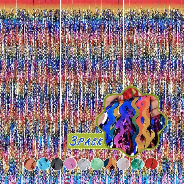 Alt view image 2 of 6 - 3 Pack Colorful Foil Fringe Curtain Backdrop - 6.6 x 3.3 ft Wavy Rainbow Tinsel Backdrop Curtain Metallic Streamers Iridescent Holiday Photo Booth Party Decorations