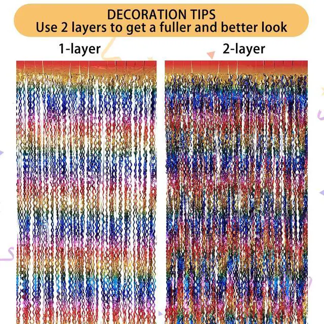 Alt view image 5 of 6 - 3 Pack Colorful Foil Fringe Curtain Backdrop - 6.6 x 3.3 ft Wavy Rainbow Tinsel Backdrop Curtain Metallic Streamers Iridescent Holiday Photo Booth Party Decorations