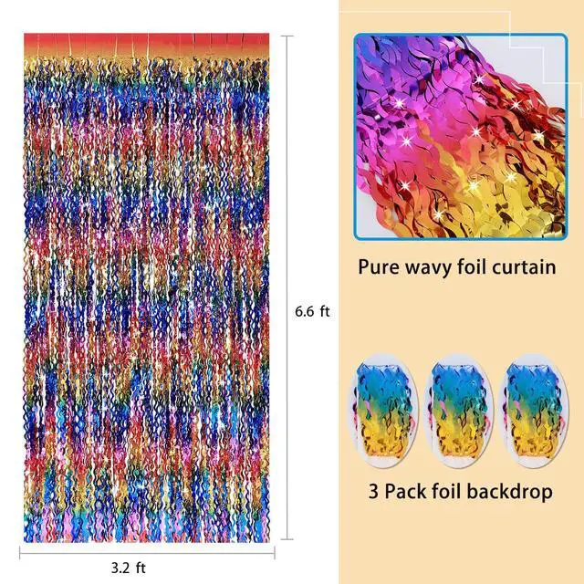 Alt view image 3 of 6 - 3 Pack Colorful Foil Fringe Curtain Backdrop - 6.6 x 3.3 ft Wavy Rainbow Tinsel Backdrop Curtain Metallic Streamers Iridescent Holiday Photo Booth Party Decorations