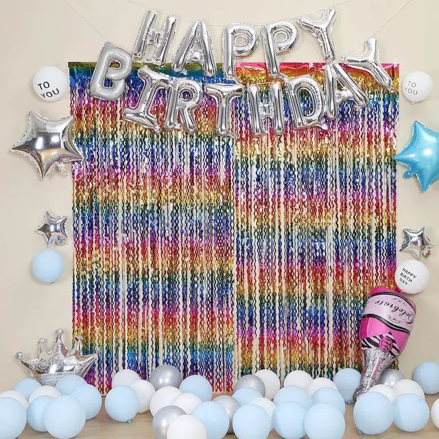 Alt view image 6 of 6 - 3 Pack Colorful Foil Fringe Curtain Backdrop - 6.6 x 3.3 ft Wavy Rainbow Tinsel Backdrop Curtain Metallic Streamers Iridescent Holiday Photo Booth Party Decorations