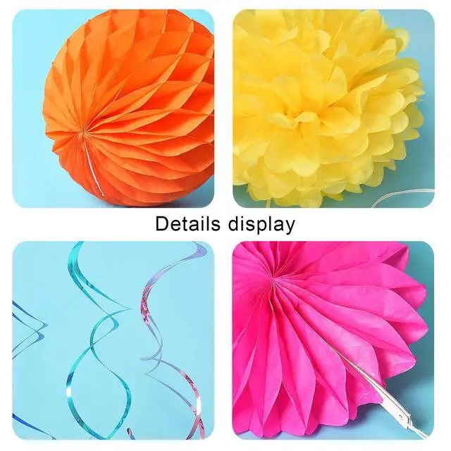 Alt view image 4 of 7 - Colorful Paper Party Decorations, Tissue Paper Flower&Party Pom Poms wth Swirl Streamers, Premium Material with Vivid Colors, Hanging Décor for Birthday/Wedding/Bridal Shower/Bachelorette