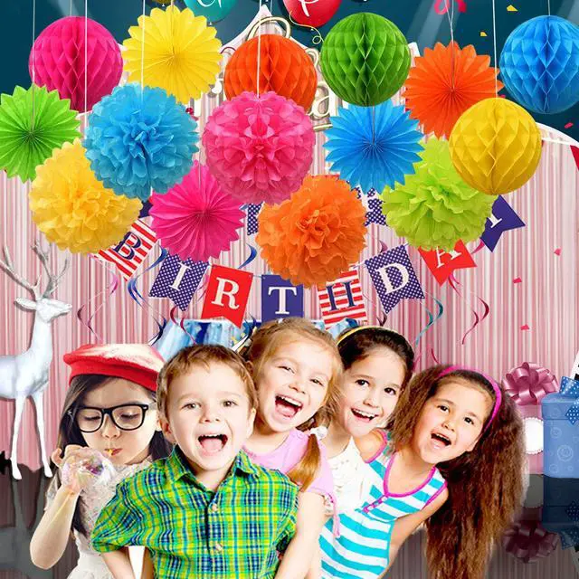 Alt view image 7 of 7 - Colorful Paper Party Decorations, Tissue Paper Flower&Party Pom Poms wth Swirl Streamers, Premium Material with Vivid Colors, Hanging Décor for Birthday/Wedding/Bridal Shower/Bachelorette