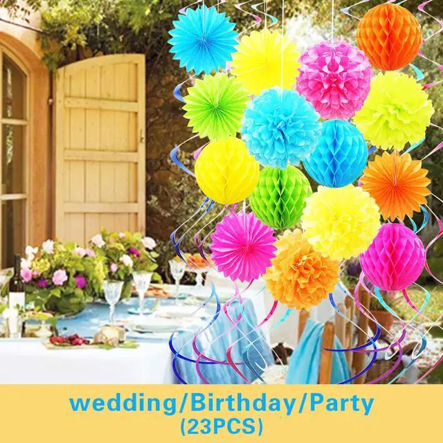 Alt view image 6 of 7 - Colorful Paper Party Decorations, Tissue Paper Flower&Party Pom Poms wth Swirl Streamers, Premium Material with Vivid Colors, Hanging Décor for Birthday/Wedding/Bridal Shower/Bachelorette