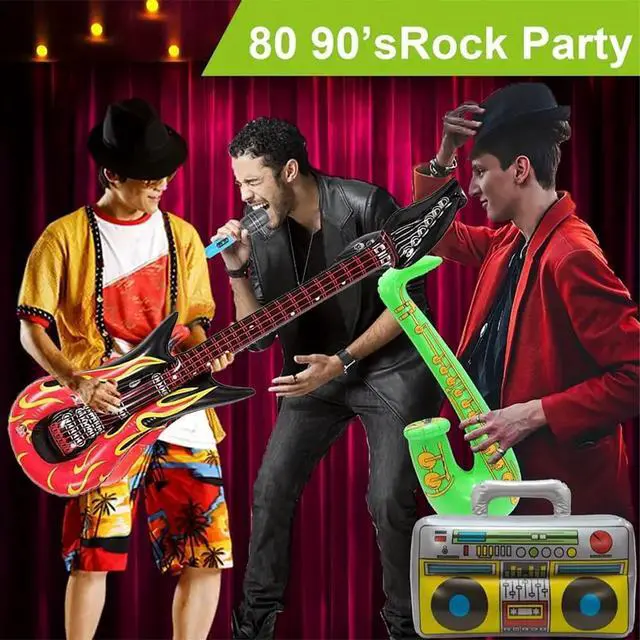 Alt view image 3 of 7 - Inflatable Rock Star Set Guitars Inflatable Saxophone Bass Lute Microphones Mobile Phone Recorder Piano 70s 80s 90s Party Decoration Photo Props