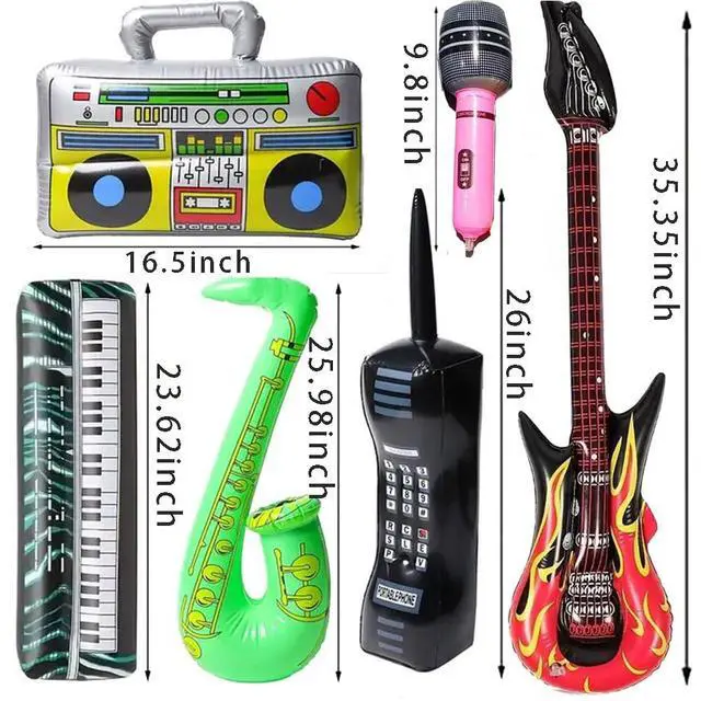 Alt view image 5 of 7 - Inflatable Rock Star Set Guitars Inflatable Saxophone Bass Lute Microphones Mobile Phone Recorder Piano 70s 80s 90s Party Decoration Photo Props