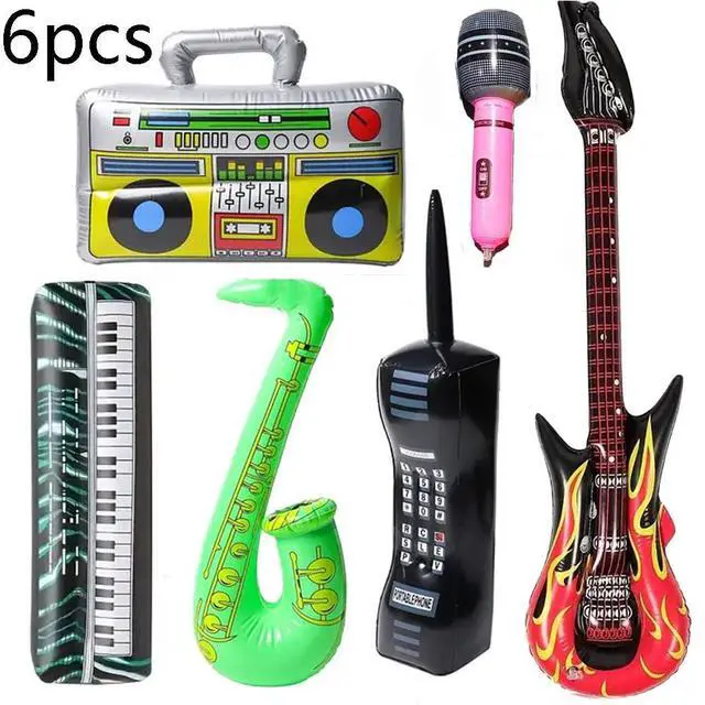 Alt view image 6 of 7 - Inflatable Rock Star Set Guitars Inflatable Saxophone Bass Lute Microphones Mobile Phone Recorder Piano 70s 80s 90s Party Decoration Photo Props