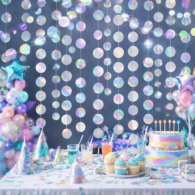 Alt view image 2 of 6 - 6 Pack 13Ft Iridescent Circle Garlands Holographic Party Decorations Hanging Streamers Banner for Wall Wedding Birthday Graduation Disco Party Decor